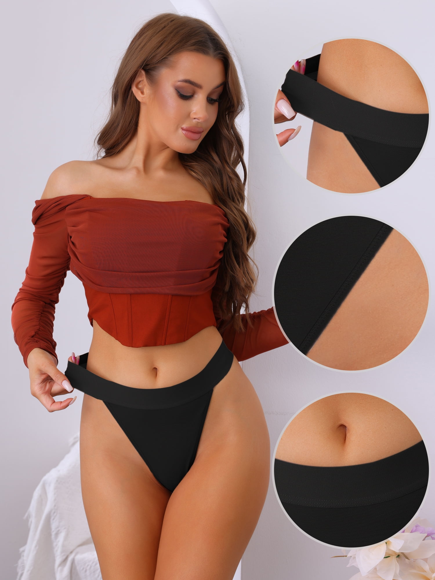 Unique Bargains Women's High Waist T-back Hi-Cut Elasticity Thongs M Black