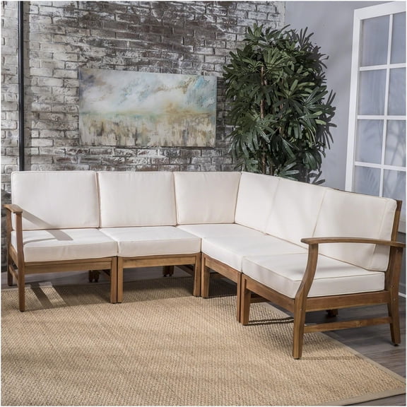 JERFIT 5-Piece Outdoor Patio Sectional Sofa Set with Removable Cushions, Cream Acacia Wood Furniture for Garden, Poolside