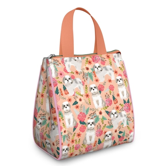 Shih Tzu Dog and Pioneer Flower Insulated Lunch Bag for Women & Adults,Large Portable Soft Cooler Lunch Bag,Thermal Food Storage Tote with Pearl Cotton,8.66L,8.75x5.75x9.5 Inch
