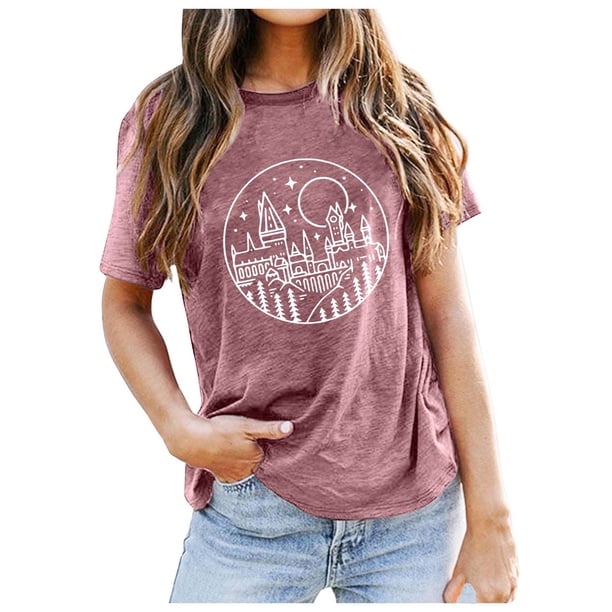 Camiseta informal de manga corta y cuello redondo estampada para mujer - Top de verano de color liso para el día a día