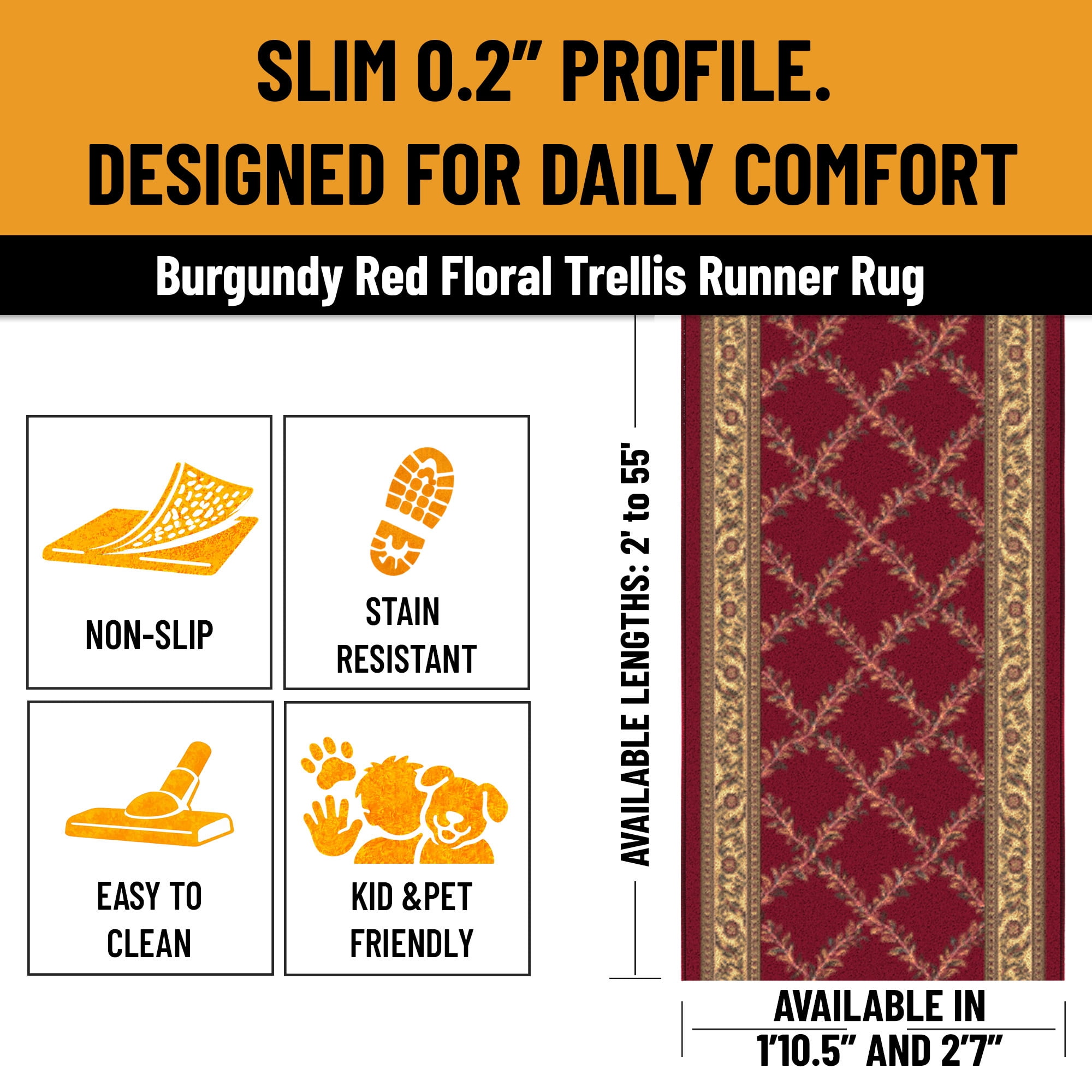 Ottomanson Extra Long Runner Rug 1'10.5" x 25' – Non-Slip Low Pile Hallway Carpet, Trellis Burgundy Red