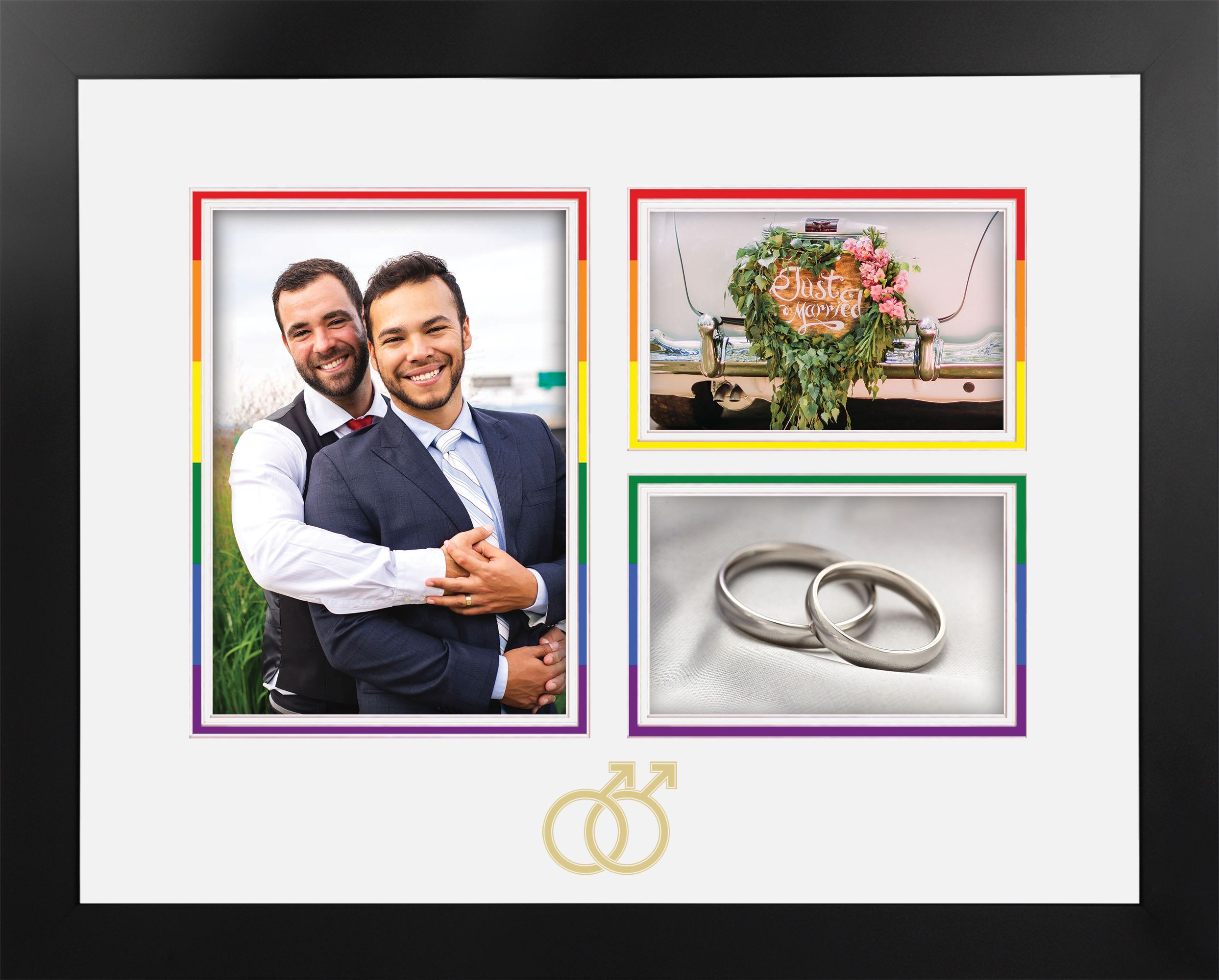 LGBTQ Pride Wedding MultiPhoto Frame with White & Rainbow Mat Gold