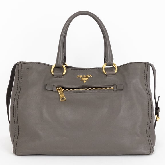 Pre-Owned Prada Grey Front Zip Pocket Convertible Tote Handbag Soft Calfskin Leather