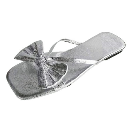 

Ladies Summer Shiny Leather Bowknot Outer Wear Large Size Sandal Slippers