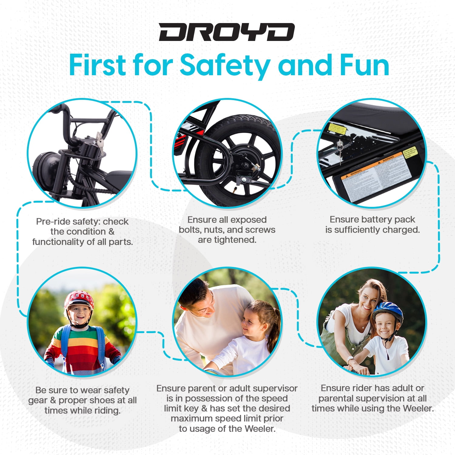 Droyd Weeler Electric Mini Bike for Kids 6-12 - 24V 8Ah Battery, 6-10 MPH, Up to 8 Miles, LED Lights