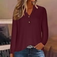 thumbnail image 2 of WREESH Womens Fashion T-Shirts V Neck Solid Color Pullover Regular Fit Button Henley Long Sleeve Tops Button Casual T-Shirt Top Blouse Wine, 2 of 6