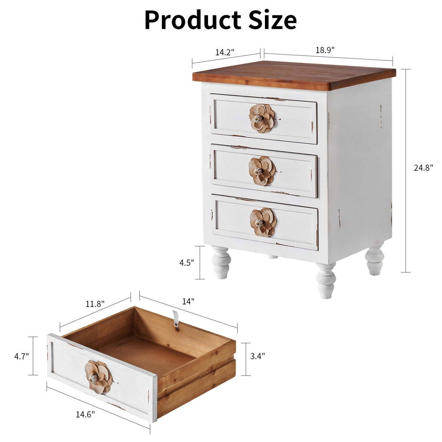 Vintage Farmhouse Nightstand, 3 Drawer Rustic End Table with Floral Knobs and Gourd Legs, Distressed Antique White Bedside Storage Cabinet for Bedroom Living Room