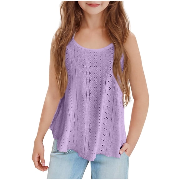 yardsong Girls Eyelet Tank Tops Flowy Cute Summer Spaghetti Strap Tops Kids Camisole Embroidery Sleeveless Shirts Vacation Blouse Purple,11 Years