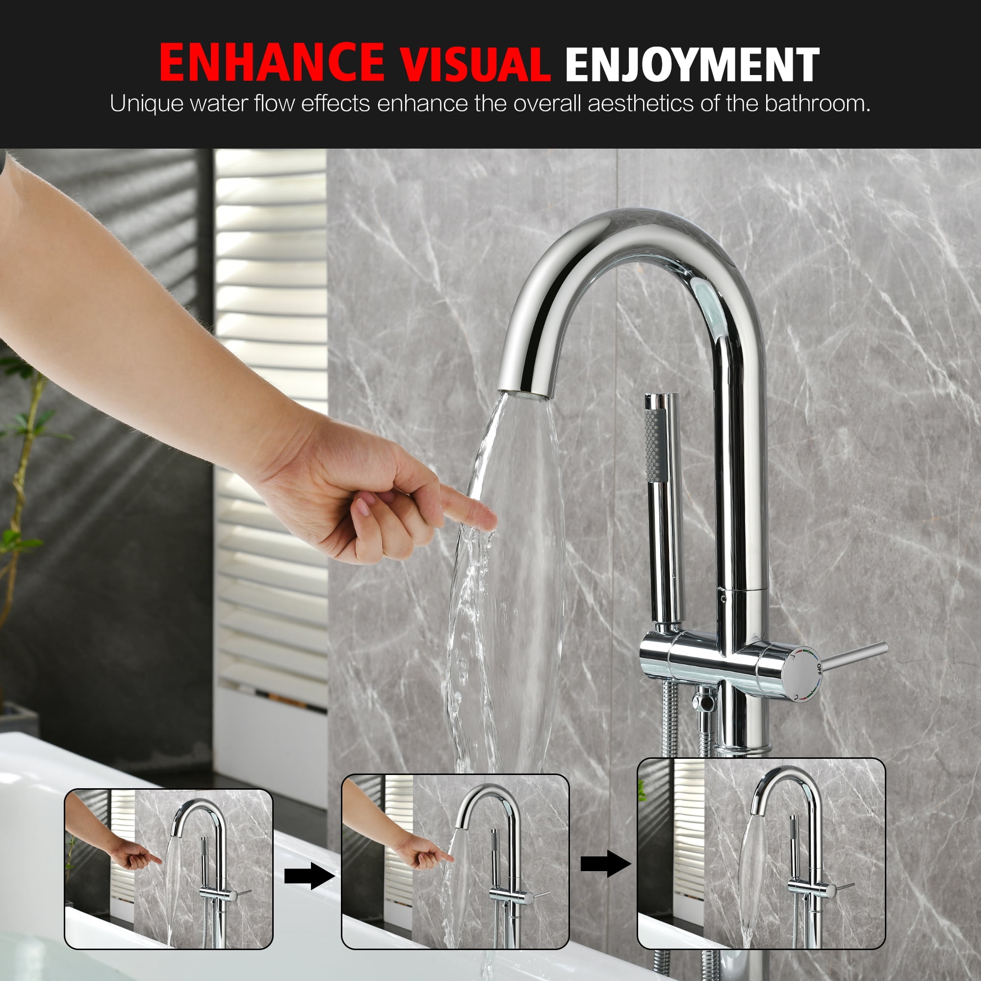 sumerain Brass Freestanding Bathtub Faucet with Handheld Shower, High Flow Floor Mounted Tub Filler Faucet with Swivel Spout Chrome
