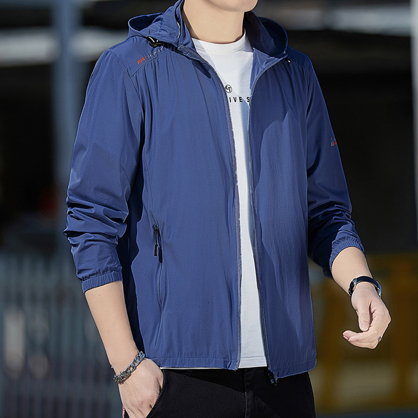 JGGSPWM (M-5XL) Big And Tall Mens Lightweight Hooded Waterproof Rain Jacket Breathable Raincoat Shell For Outdoor Mountain Hiking Blue XL
