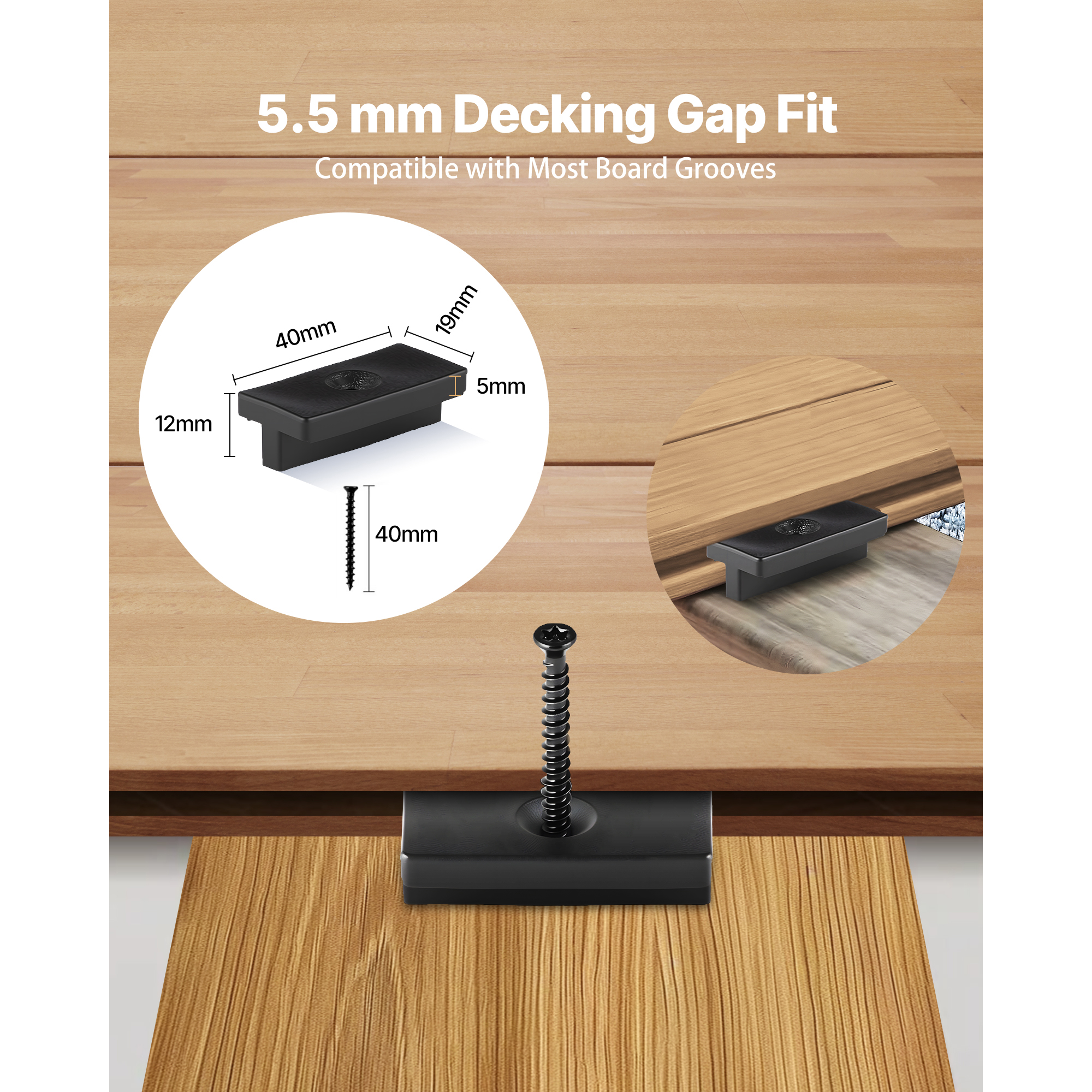 KFFKFF 500PCS Hidden Deck Fasteners for Composite Decking Boards, Universal Clips & Plastic Fasteners with Metal Screws, Polypropylene PP Clips Compatible with 0.22-Inch Gaps, Black