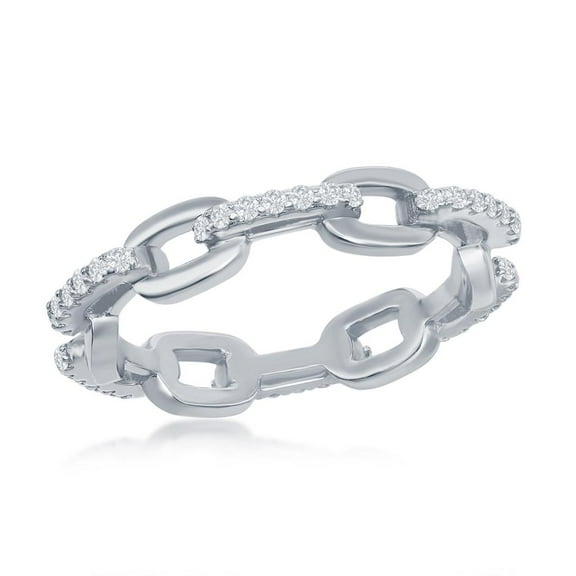 925 Sterling Silver Rhodium Plated Alternating Polished and Cubic Zirconia Paper Clip Link Chain Design Eternity Band Ring Jewelry for Women or Teens Made in Italy (size-5)
