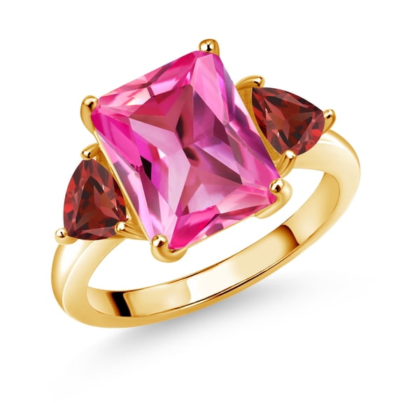 Gem Stone King 18K Yellow Gold Plated Silver Pink Created Sapphire and Red Garnet 3 Stone Ring for Women (7.68 Cttw, Octagon 12X10MM, Trillion 5X5MM, Gemstone September Birthstone, Size 7)