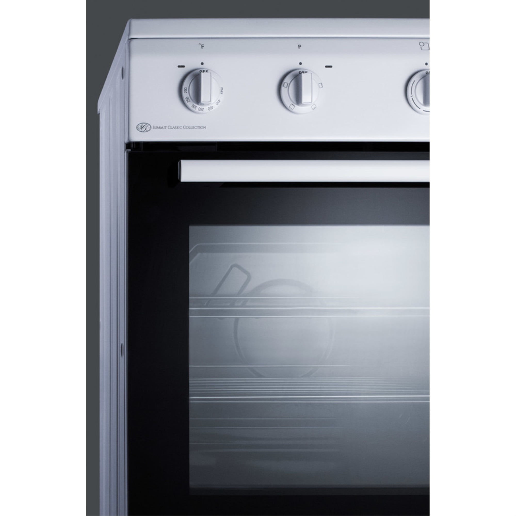 24" wide smooth top electric range in slide-in style and white finish, with storage drawer and large oven window in black glass