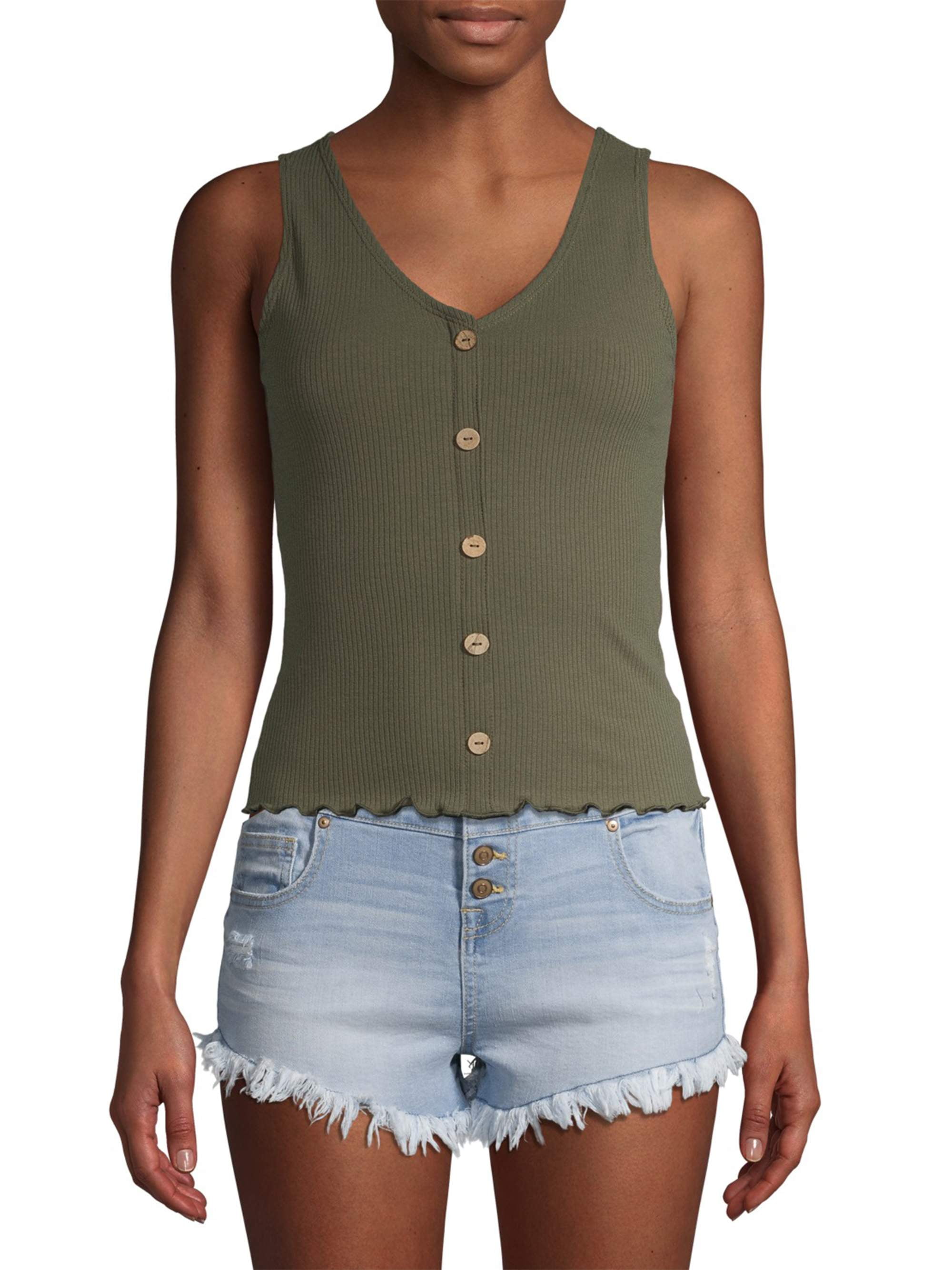 No Boundaries No Boundaries Juniors' VNeck Button Front Ribbed Tank