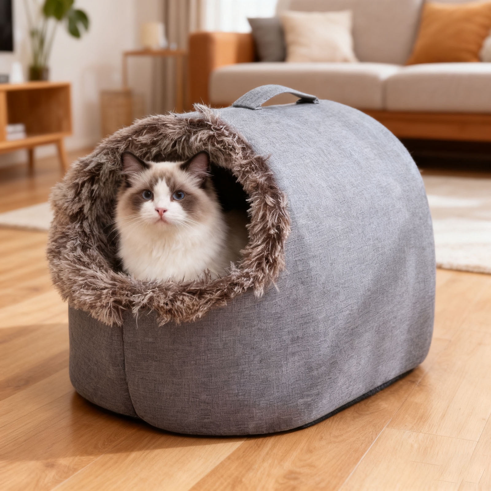 Pet Bed Warm Hooded Cat Bed Self-Warming Calming Nest for Small Cats Indoor, Washable Plush Cove with Removable Cushion for Pets Under 20lbs