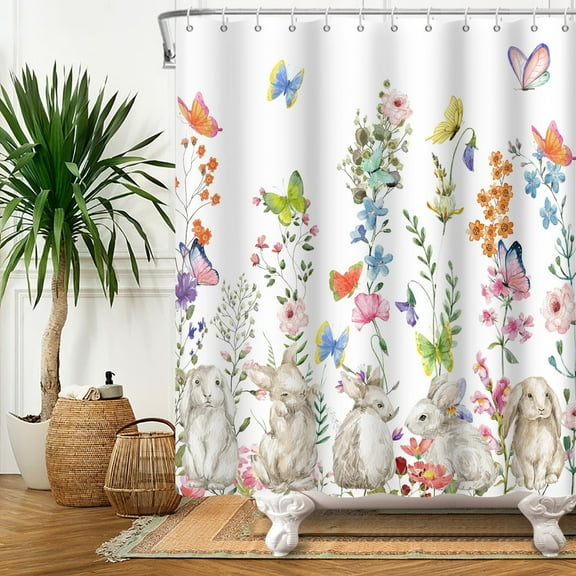 Spring Floral Shower Curtain Easter Bathroom Curtain Flowers with Butterfly Bath Curtain with Hooks 72x72 in