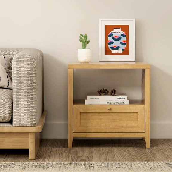 Joyyskill Nightstand with Storage, Modern Farmhouse End Table with Drawer Wide Bedside Table for Bedroom, Natural Oak