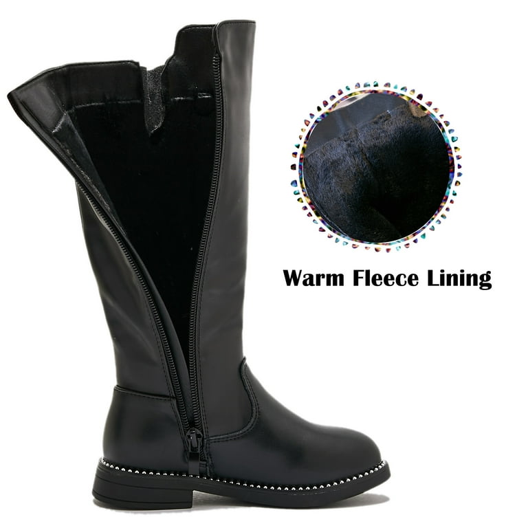 Dadawen Girls Black Knee High Boots, Waterproof Leather, Faux Fur
