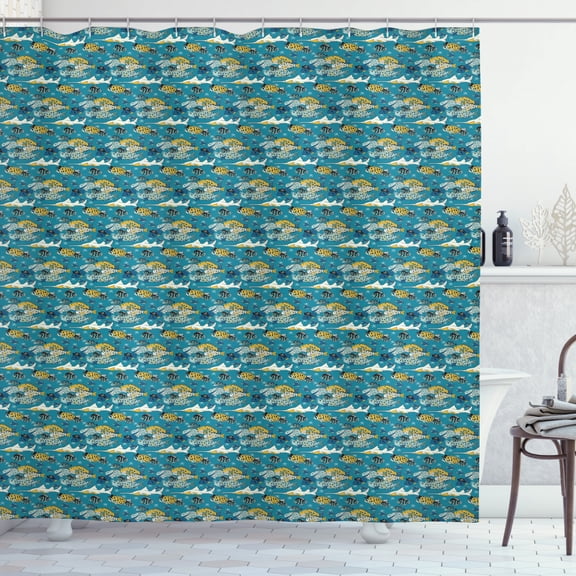 Underwater Shower Curtain, Illustration of Pirate Marine Pattern with Various Fish Assortment, Fabric Bathroom Set with Hooks, 69W X 84L Inches Extra Long, Sea Blue and Mustard, by Ambesonne