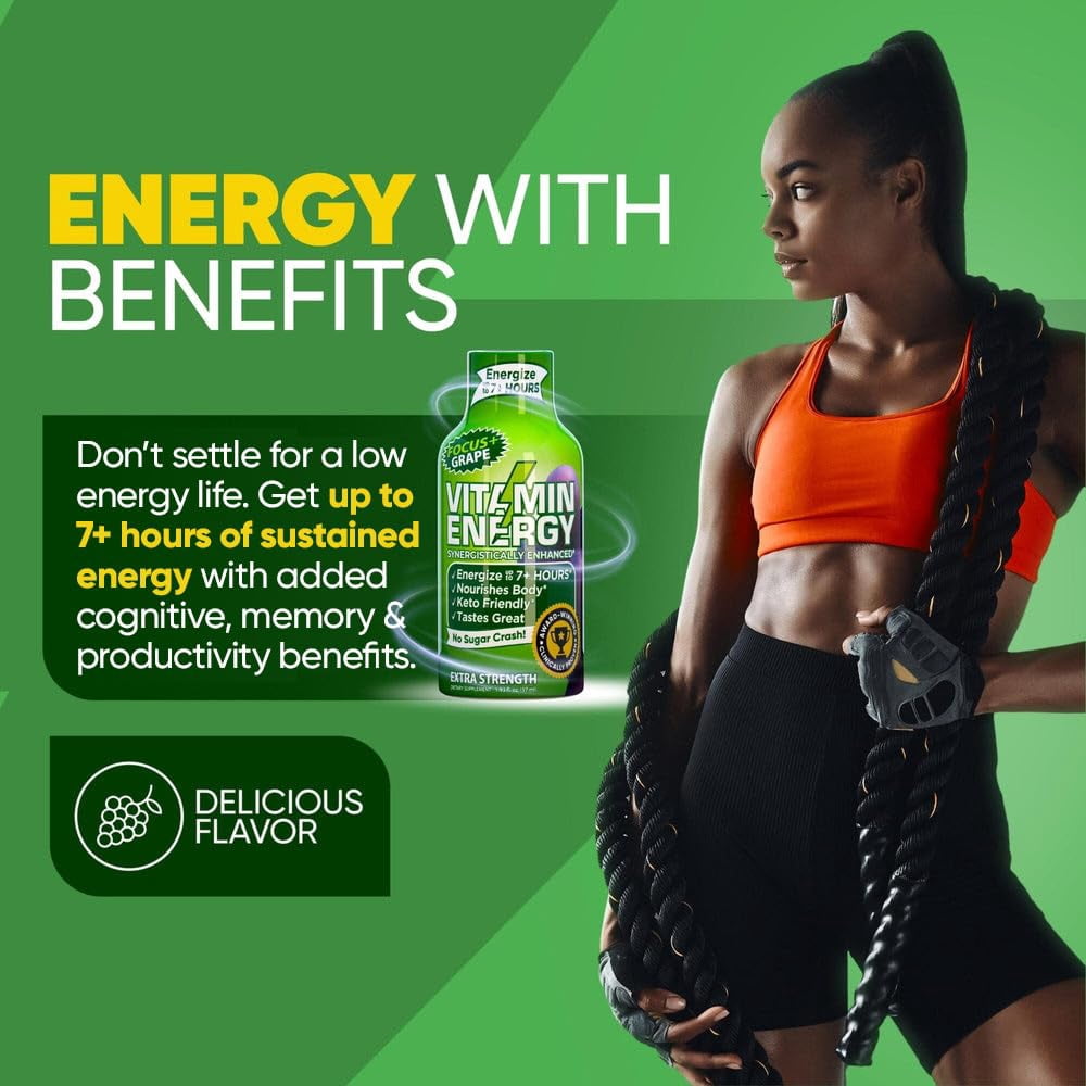 Vitamin Energy Focus+ Extra Strength Shot, Grape, 48 Pack – 260mg Natural Caffeine, CoQ10 & B-Vitamins, Zero Sugar, 1.93 fl oz