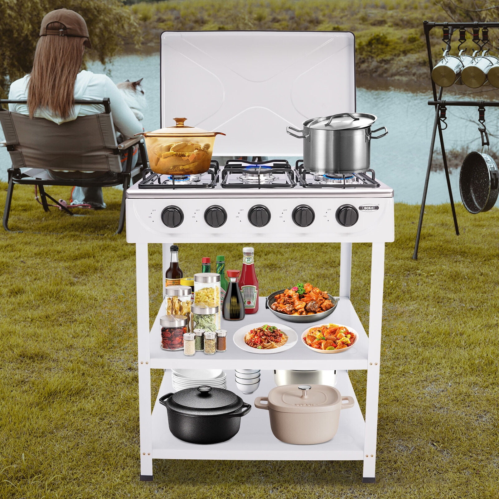 5-Burner Natural Gas Stove with Precise Heat Control, Independent Knobs, Efficient Cooking, Durable Enamel & Aluminum Design