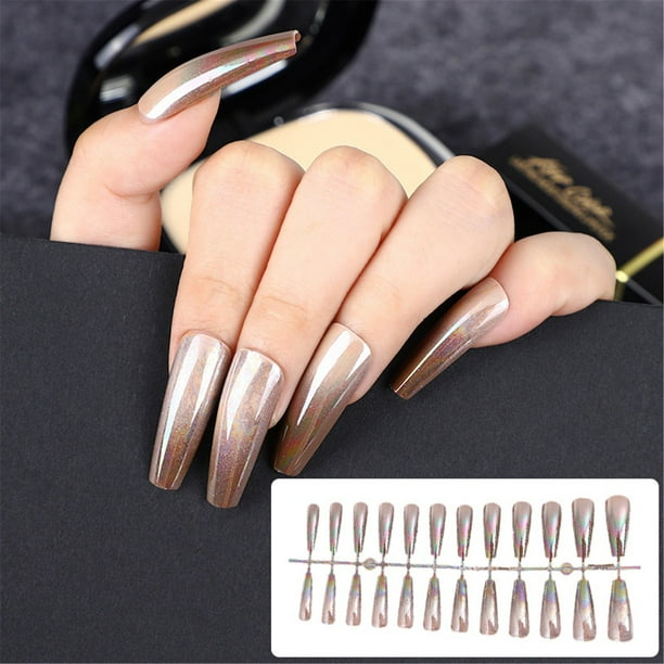 24Pcs Extra Long Press On Nails Coffin Glossy Ballerina Nails Gradient ...