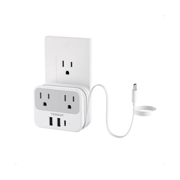 Eryueer TESSAN USB C Charger Block, Multi Plug Wall Outlet Extender with Retractable USB C Cable, Wall Surge Protector with 2 AC Outlets, Multiple Plug Adapter for Home Office Dorm Room Kitchen
