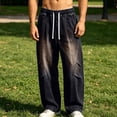 thumbnail image 2 of Tqyyweavej Mens Baggy Jeans Wide Leg Streetwear Flex Loose Fit Curved Denim Pants Drawstring Vintage Casual Washed Jeans with Pockets, 2 of 10