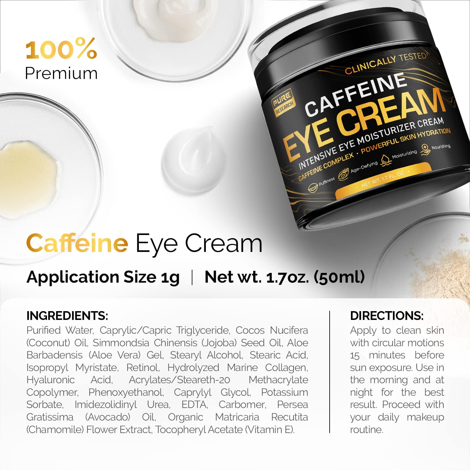 Caffeine Eye Cream For Anti Aging, Dark Circles, Bags, Puffiness. Great  Under Eye Skin Face Tightening, Eye Lift Treatment For Men & Women 1.7oz 