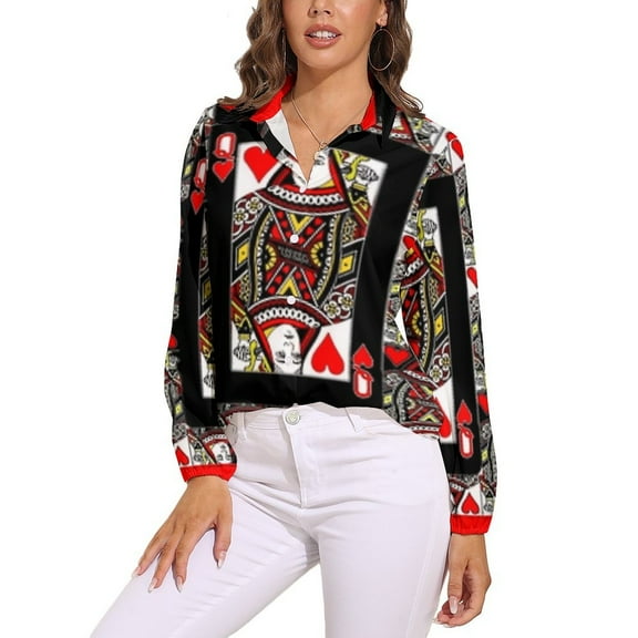 CASINO RED QUEEN OF HEARTS PATTERN RED-BLACK ART Long Sleeve Blouse Woman Streetwear Casual Shirts Summer Oversize Woman Streetwear Clothing Birthday Present