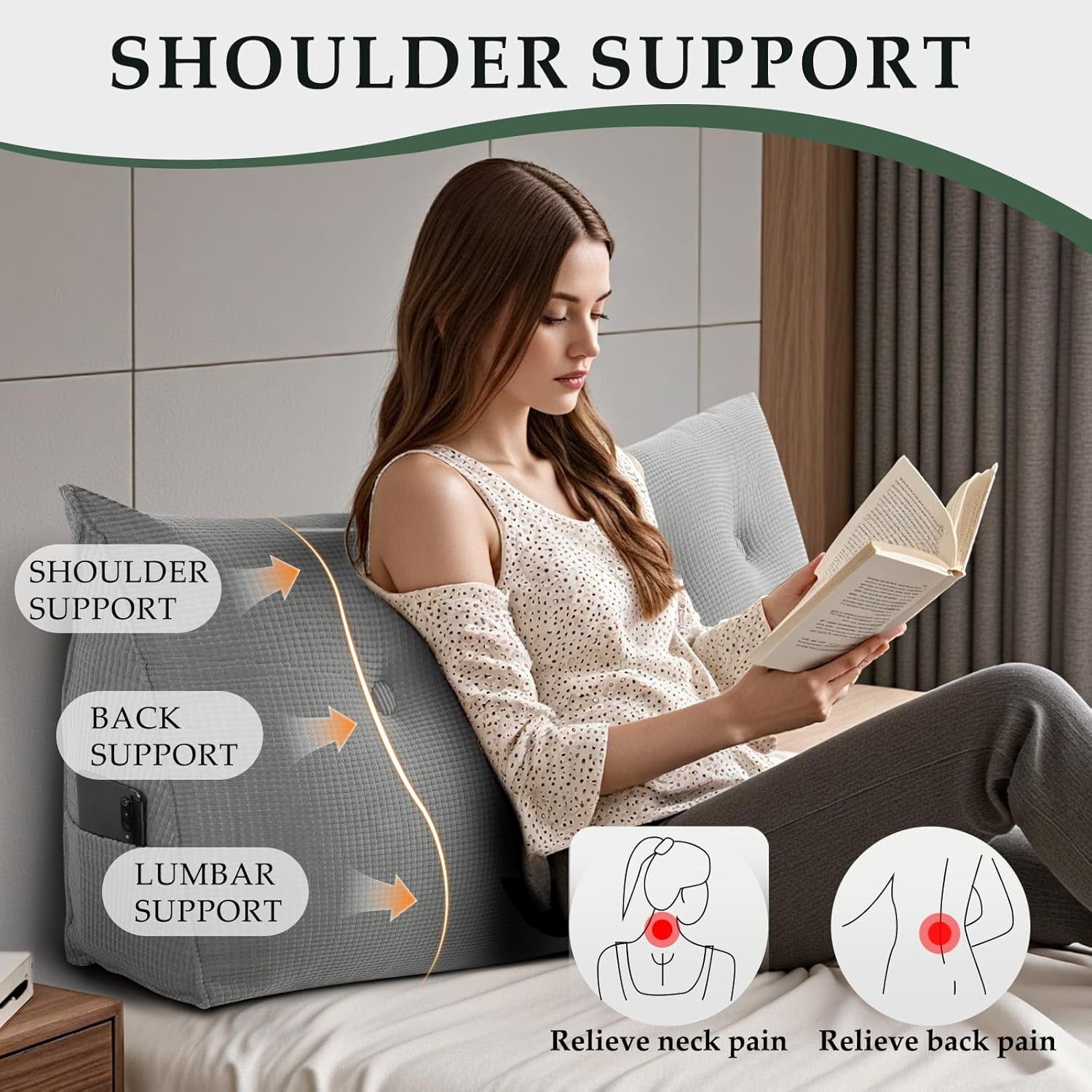 Soft Headboard Pillow Full Size, Wall Backrest Wedge Pillow Headboard Full, Reading Backboard Pillows, Large Dorm Daybed Bolster Pillows for Back Support with Removable Cover, Gray