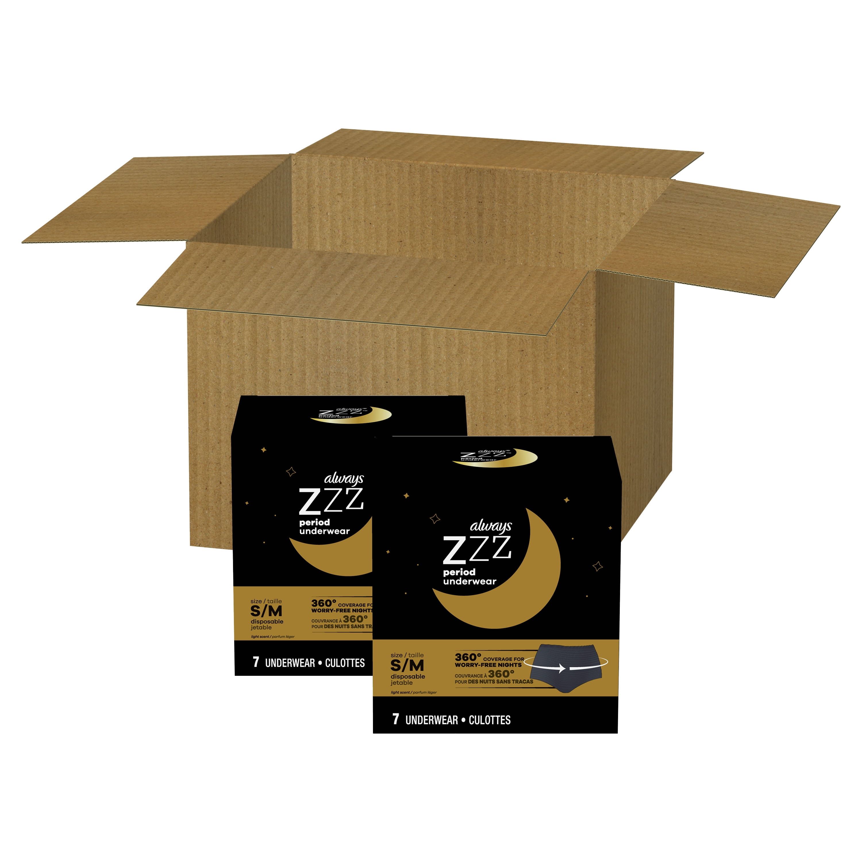 Always ZZZ Overnight Disposable Period Underwear 360° Coverage, Size S/M,  14 Ct.