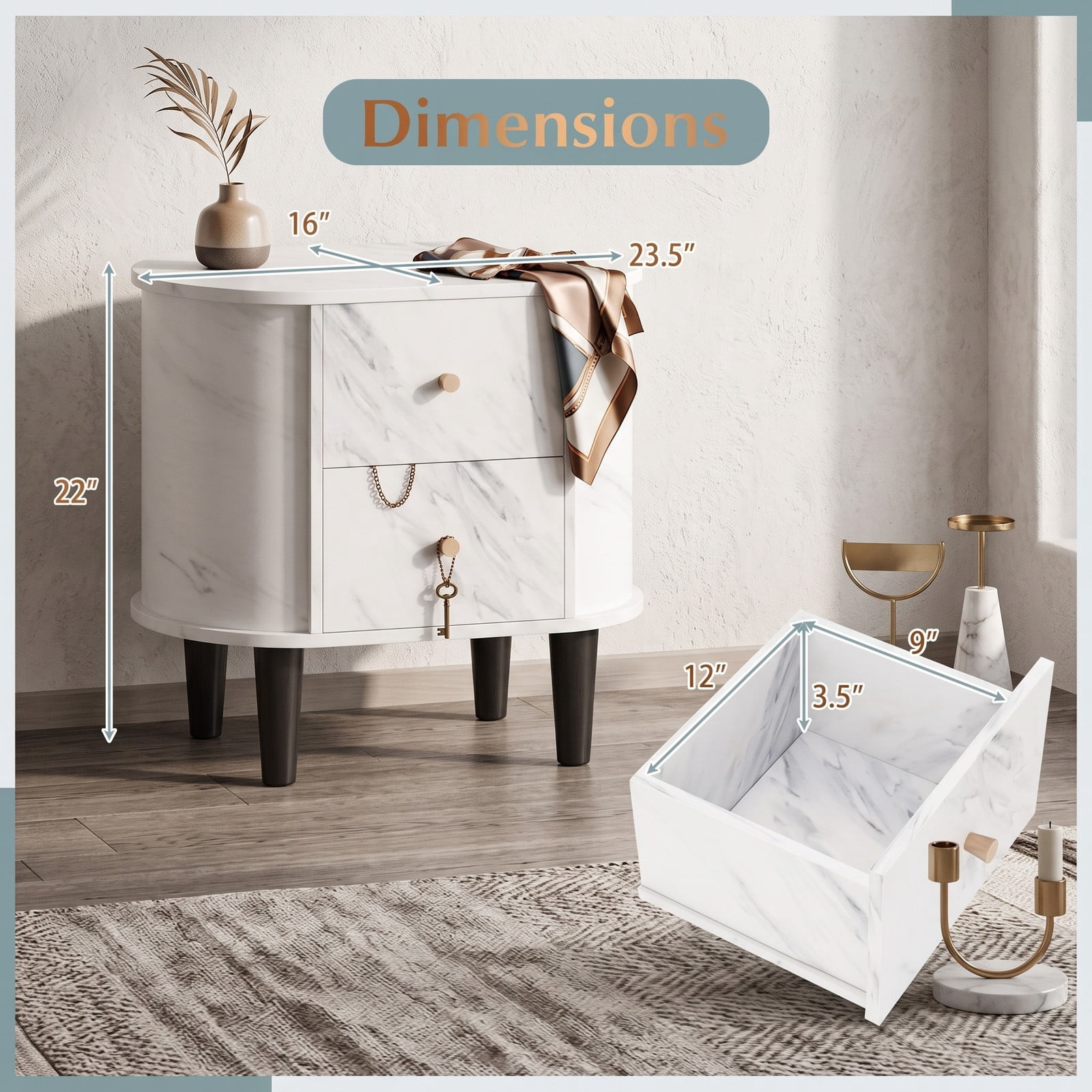 Furnibear 2 Drawer Nightstand Modern Faux Marble Bedside Table with Storage for Bedside Organization in the Bedroom and Living Room, White
