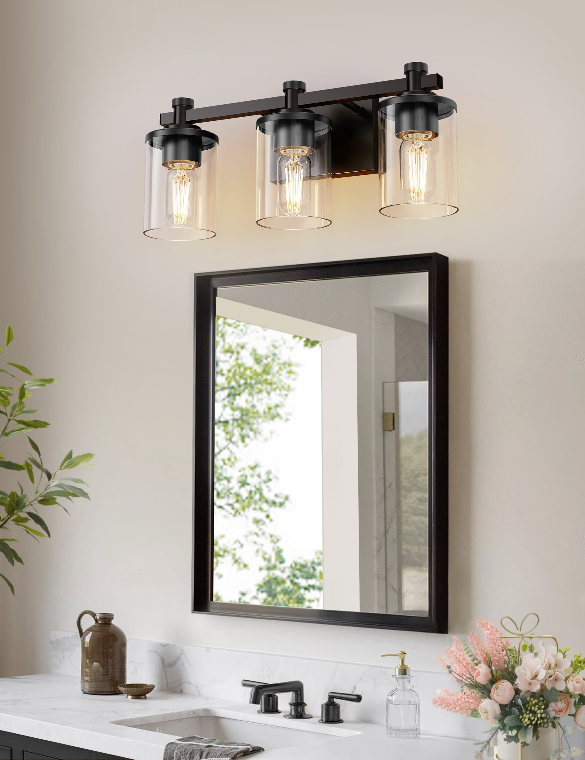 YANSUN 19 in 3-Light Black Vanity Light Bar with Clear Glass Shades E26 Base for Bathroom Mirror, Hallway, Entryway
