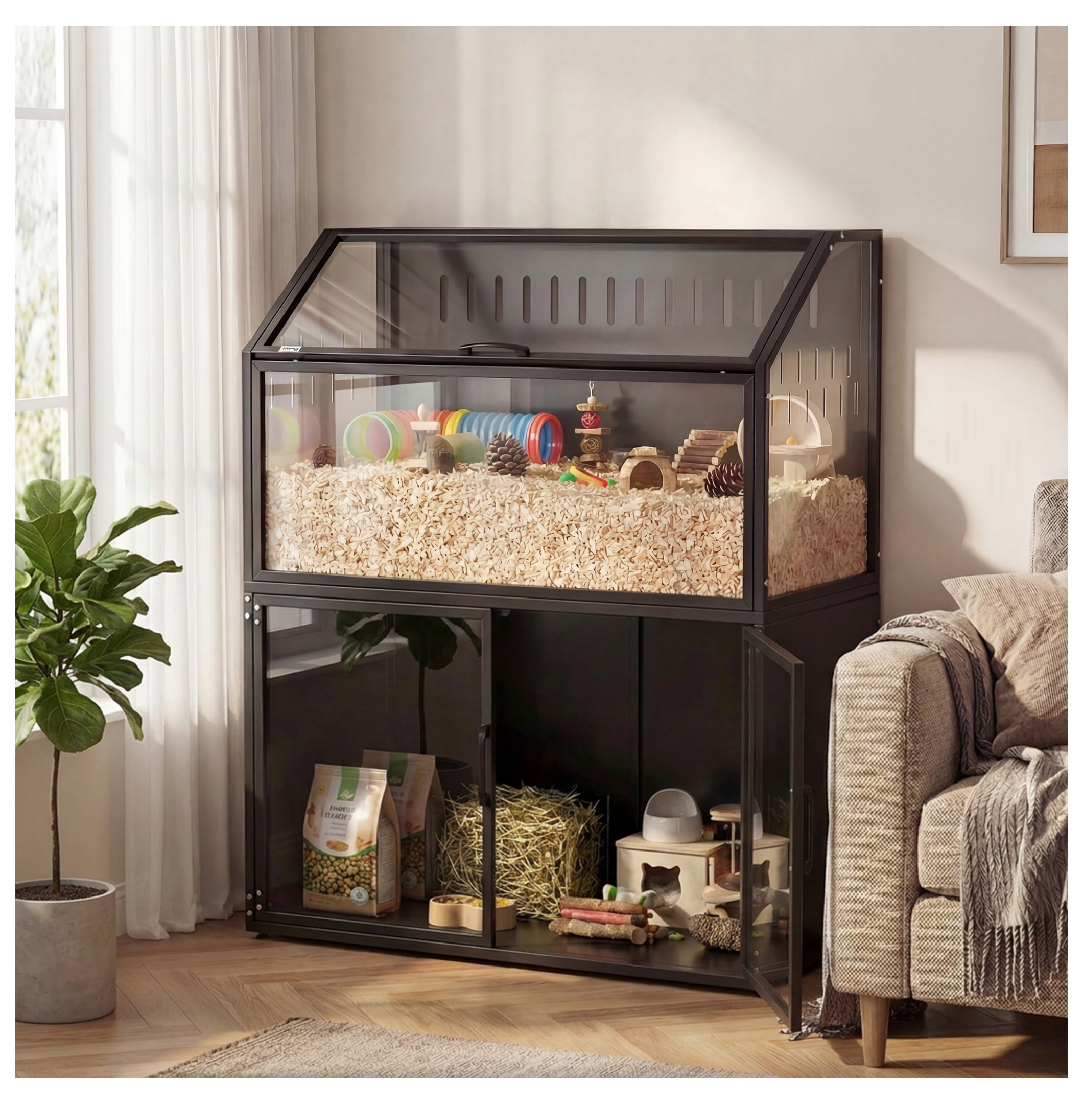 Hamster Cage with Storage, Small Animal Habitat - Guinea Pig, Gerbil, Mouse Cage with Acrylic Panels & Top Open, Black