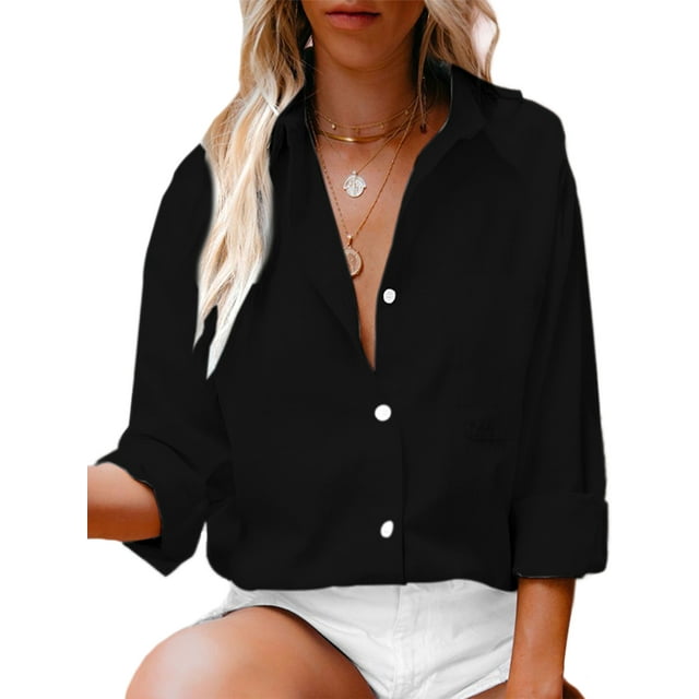 Sexy Dance Chemises pour Femmes Blouse à Manches Longues Hauts Boutonnés Tunique Décontractée Chemise Col à Revers Noir TG