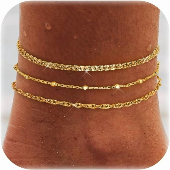 Ankle Bracelets for Women Waterproof, 14K Gold Plated Cuban Figaro Link Chain Beaded Anklets Set, Dainty Layered Anklets for Women Non Tarnish Summer Beach Foot Jewelry Adjustable Size