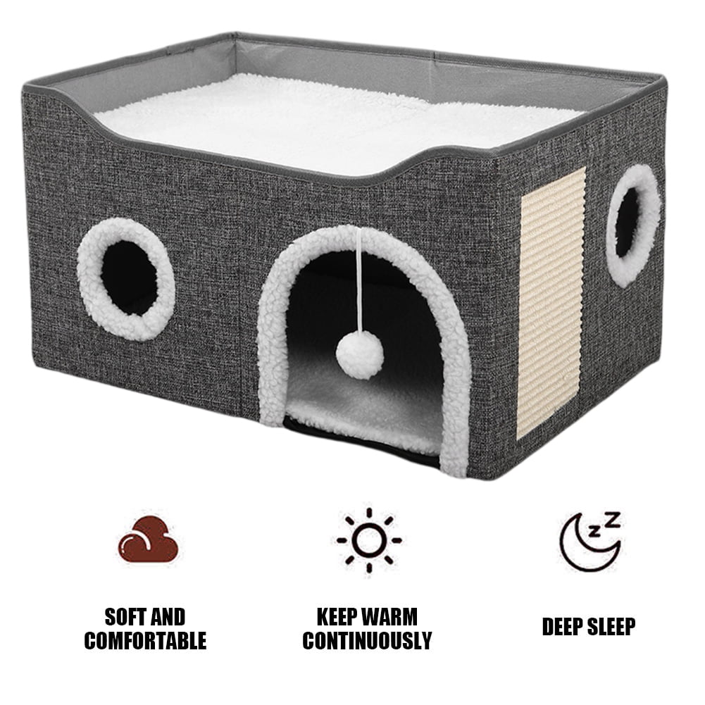 Large Cat Bed Cave Cat Hideaway, Foldable Cat Scratcher House, Big Cat Bed for Idoor, Cute Cave with Ball Toy, Fabric Pet Furniture, Big Condo for Multi Small Pet Large Kitten Kitty