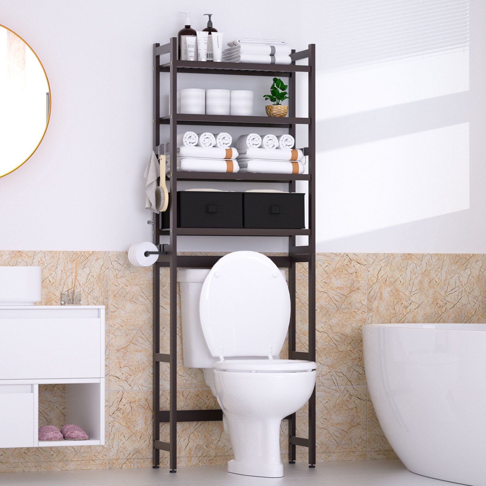 Enogets Over the Toilet Storage, Bamboo Bathroom Shelf Organizer with 2 Baskets & 4 Hooks, 4-Tier Space Saver