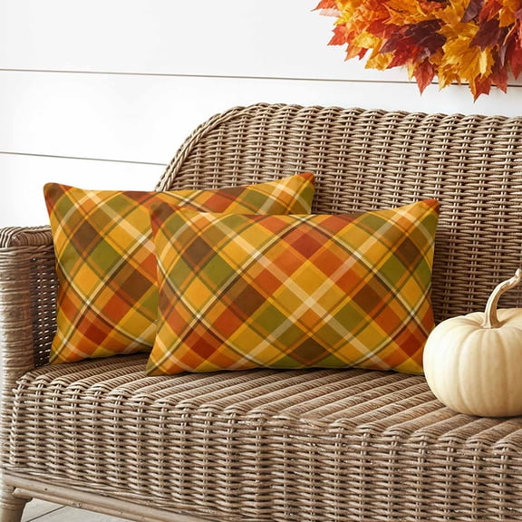 Orange Checked Lumbar Pillow Covers 20x12 Inch Set of 2, Green Thanksgiving Buffalo Plaid Waterproof Outdoor Pillow Covers, Decorative Cushion Pillowcases for Couch, Sofa, Bed, Garden, Patio