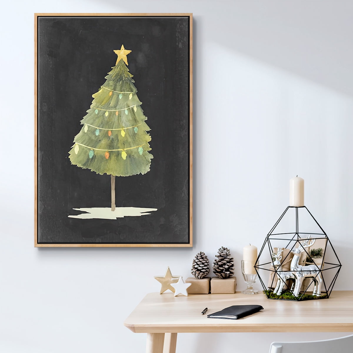 Christmas Glow I - Framed Gallery Wrapped Holiday Canvas - 25 x 37 - Natural Wood Frame