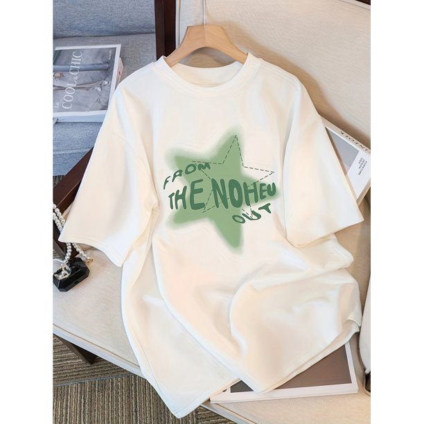 Camiseta holgada para jóvenes 2025 - Blanca con estrella verde - Estampado FROM THE NONHEU OUT, Top de verano transpirable de manga corta para niños y niñas, Ropa de juego informal lavable a máquina