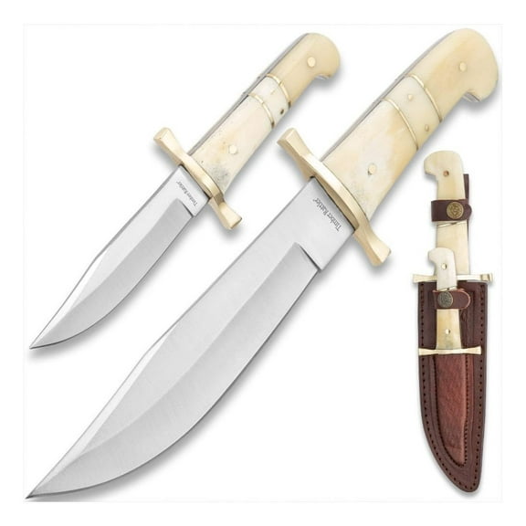 2-Piece Bowie Knife Set | Stainless Steel Blades | Two-Piece Fixed Blade Set | Bone Handles | Leather Twin Sheath | For Outdoors and Hunting | For Everyday Use | 12" and 8" Overall