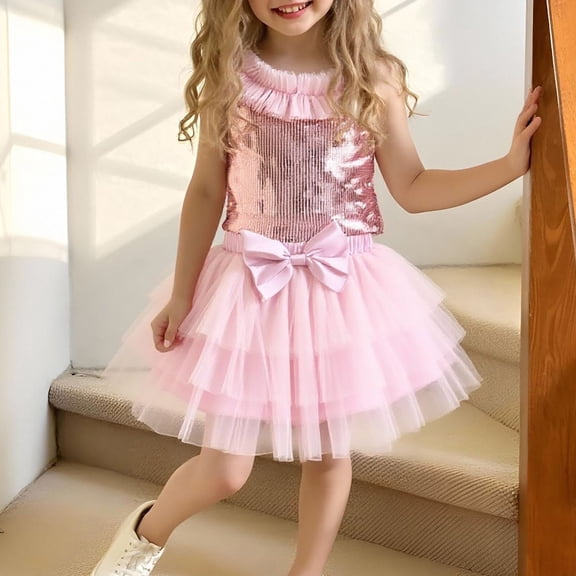 Girls Sequin Mesh Cake Dress Set, Two-Piece Princess Party Outfit with Bow, Sleeveless Sequin Top and Tutu Skirt for Toddler Kids Birthday and Celebration, 3-7Y Pink 100
