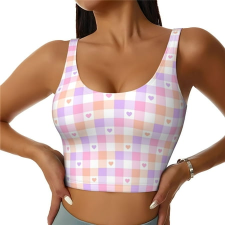 Jgfou Heart Buffalo Plaid Print Womens Sports Bra - Padded Workout Sports Bras Crop Tank Top
