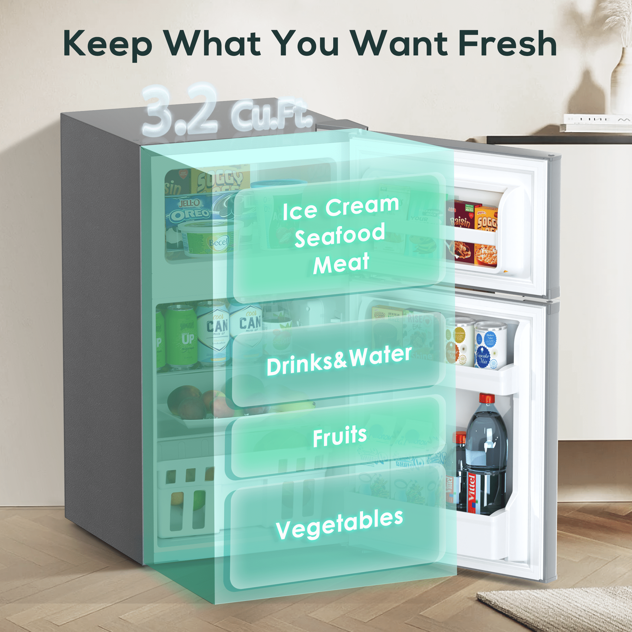 Auseo Double Door 3.5 Cu. ft Compact Refrigerator with Top Door Freezer, Freestanding Mini Fridge with Adjustable Temperature, Grey