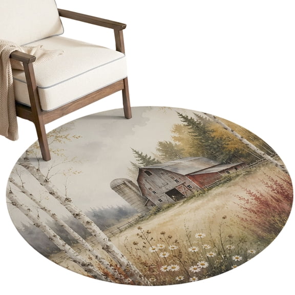 Red Barn Washable Round Area Rug 7 ft, Rustic Farmhouse White Wildflower Green Meadow Grass Soft Non‑Slip Rugs Stain Repellent Indoor Mats for Large Living Room, Dining‑Room, Open‑Plan Space