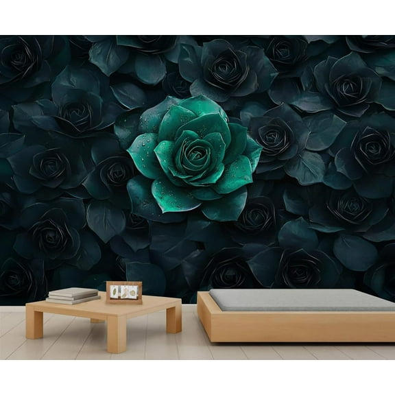 Green Rose Mural - Creative Flower Mural Wallpaper For Living Room Bedroom, Rose Mural 55"W x 28"H (Not Peel and Stick)