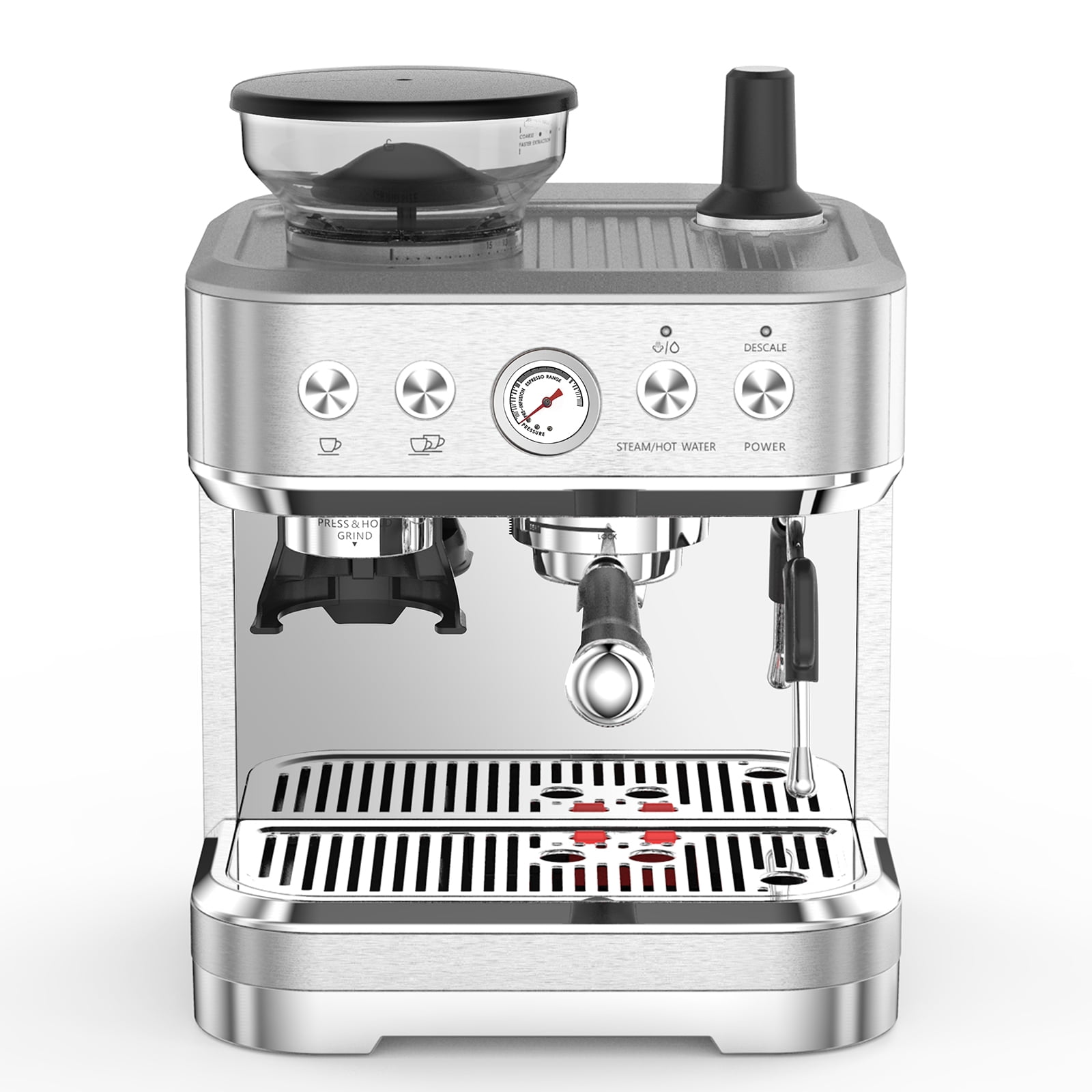 Espresso Coffee Machine, Stainless Steel 15 Bar Compact Espresso Maker with 60oz Removable Water Tank, Milk Frother Wand and Grinder